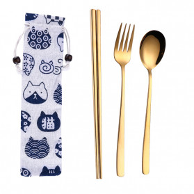 Tofok Cutlery Set Perlengkapan Makan Sendok Garpu Kitty Cloth Bag 3PCS - T19 - Golden