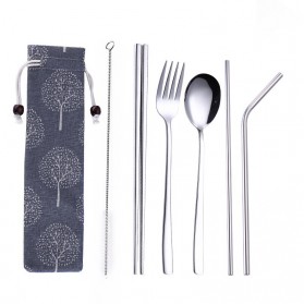 Sendok & Garpu - Tofok Cutlery Set Perlengkapan Makan Sendok Garpu Blue Cloth Bag 6PCS - T10 - Silver