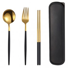 Sendok & Garpu - TUUTH Set Perlengkapan Makan Sendok Garpu Sumpit Cutlery Dinner Set + Box - A11 - Black Gold