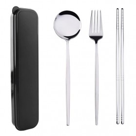 Sendok & Garpu - TUUTH Set Perlengkapan Makan Sendok Garpu Sumpit Cutlery Dinner Set + Box - A11 - Silver