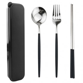Sendok & Garpu - TUUTH Set Perlengkapan Makan Sendok Garpu Sumpit Cutlery Dinner Set + Box - A11 - Black/Silver
