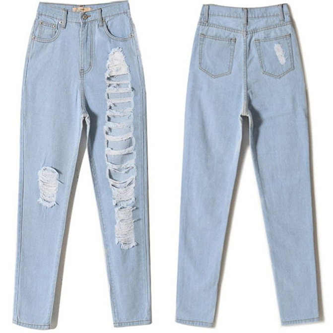 Celana  Jeans  Wanita  Holes Denim Trousers Size S Blue 