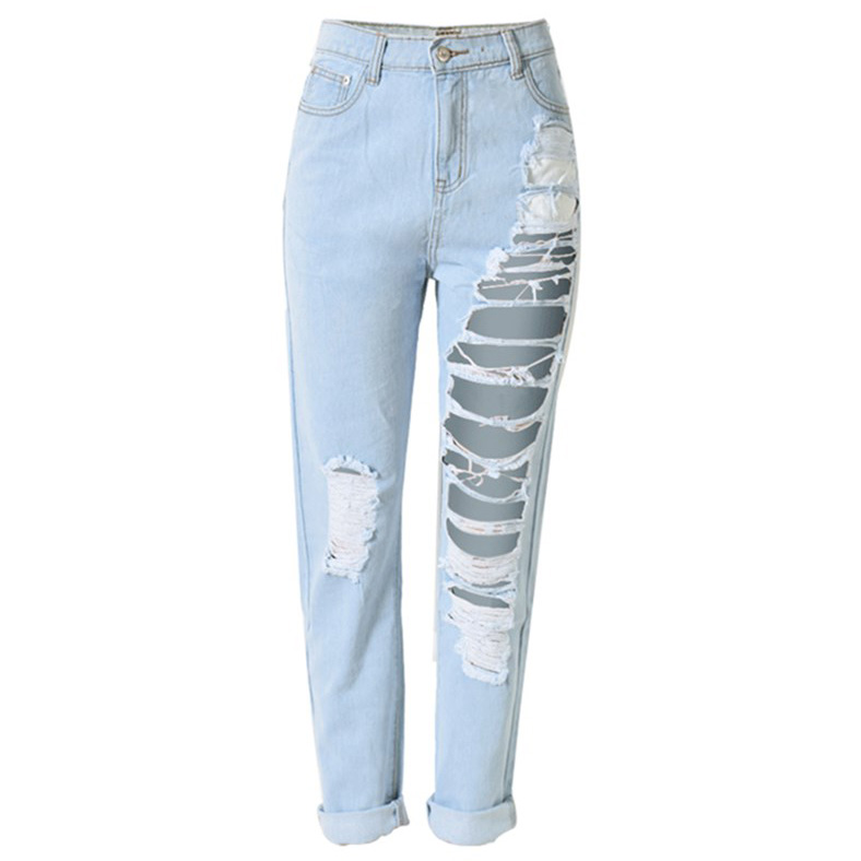  Celana  Jeans Wanita  Holes Denim Trousers  Size L Blue 