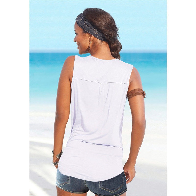 ... Baju Pantai Wanita Sleeveless V Neck Beach Shirt Size S - White - 3 ...