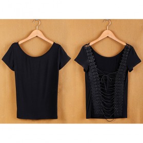 Kaos Katun Sexy Wanita Hollow Backless Lace Shirt Size L / T-Shirt - Black - 4