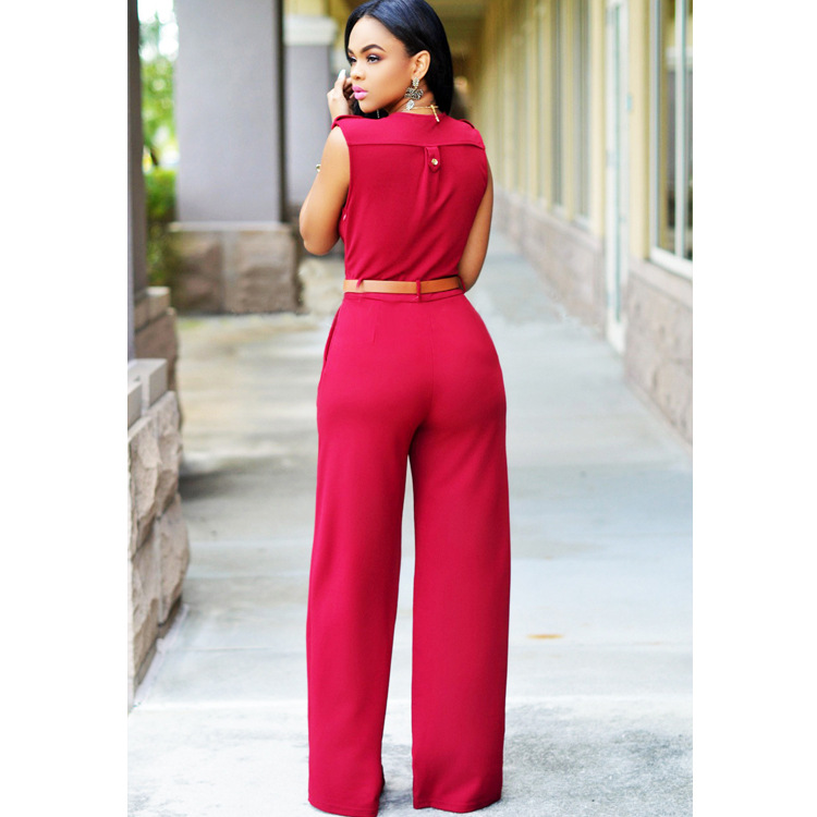  Baju Jumpsuit Wanita Sexy Rompers V Neck Size L Red 