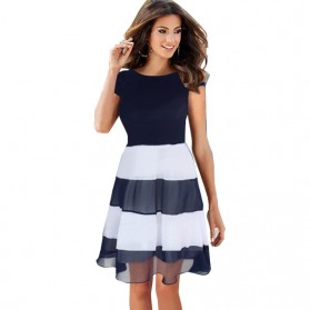 Dress Wanita Short Sleeve Chiffon Vintage Dress Size L - Navy Blue - 1