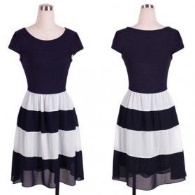 Dress Wanita Short Sleeve Chiffon Vintage Dress Size L - Navy Blue - 3