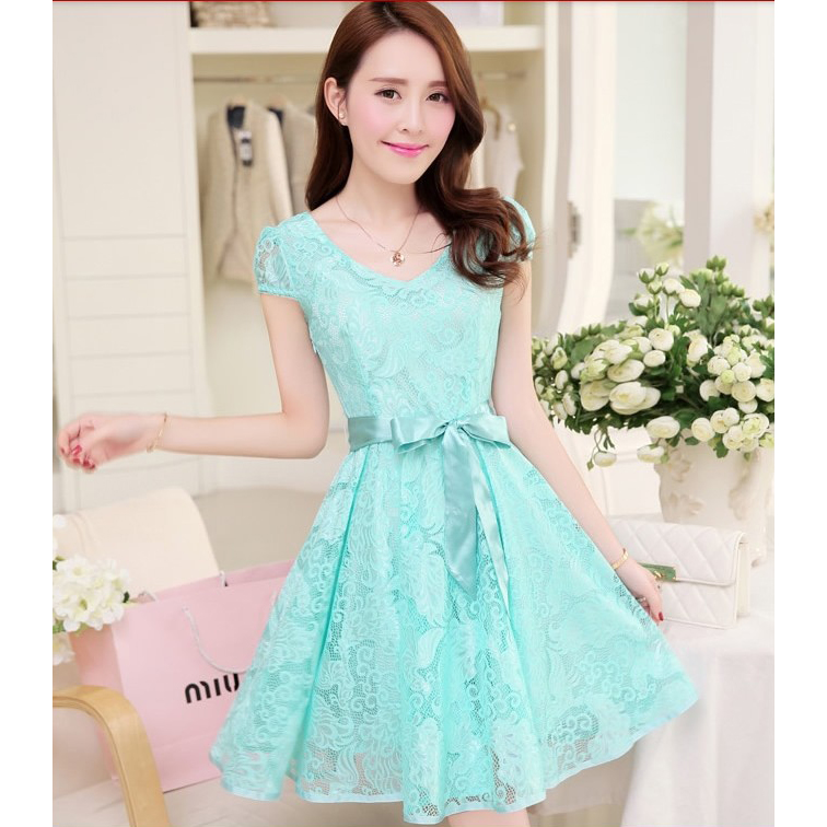 Dress Casual Wanita Korea Summer Style V Neck Short Sleeve Size S