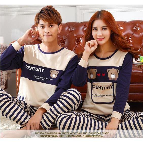 Piyama Couple Pria Model Beruang Garis - Size XXL - Cream 
