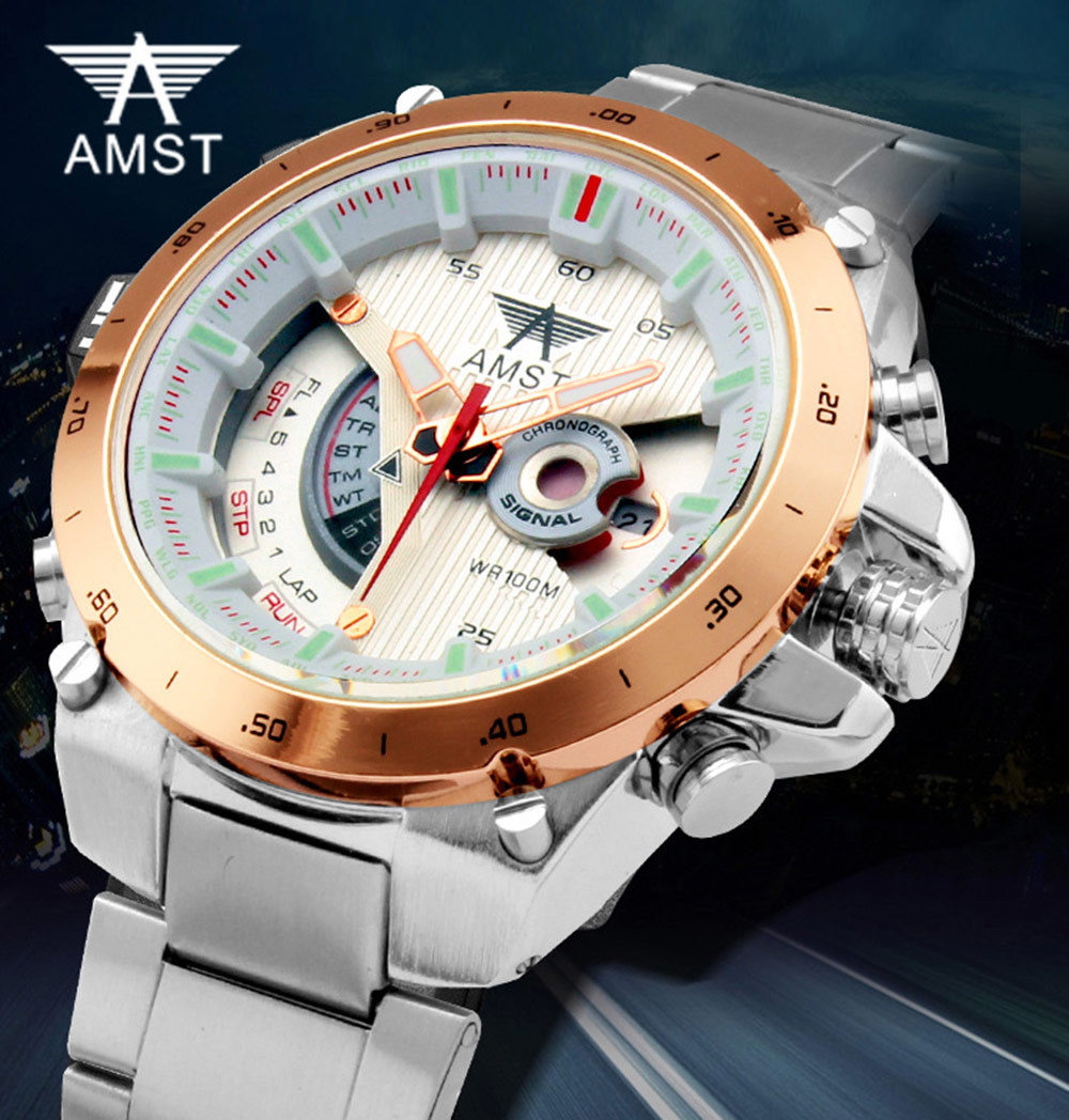 AMST Jam Tangan Analog Digital Pria - AM3008 - Silver/Gold 