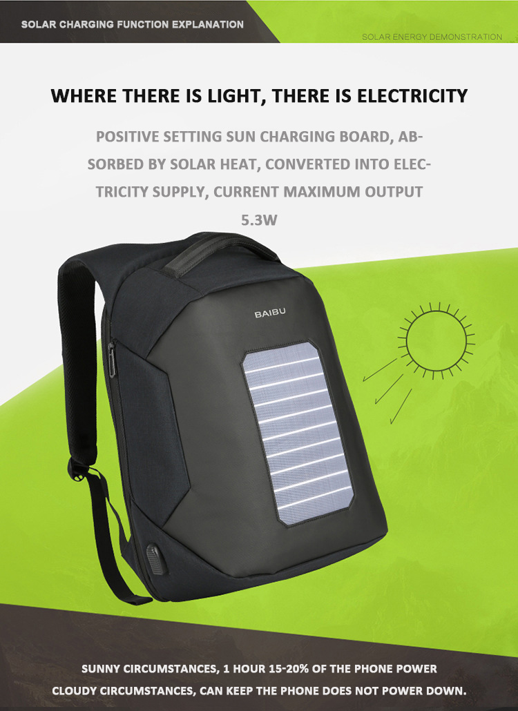 BAIBU Tas Ransel Solar Charging dengan USB Charger Port 