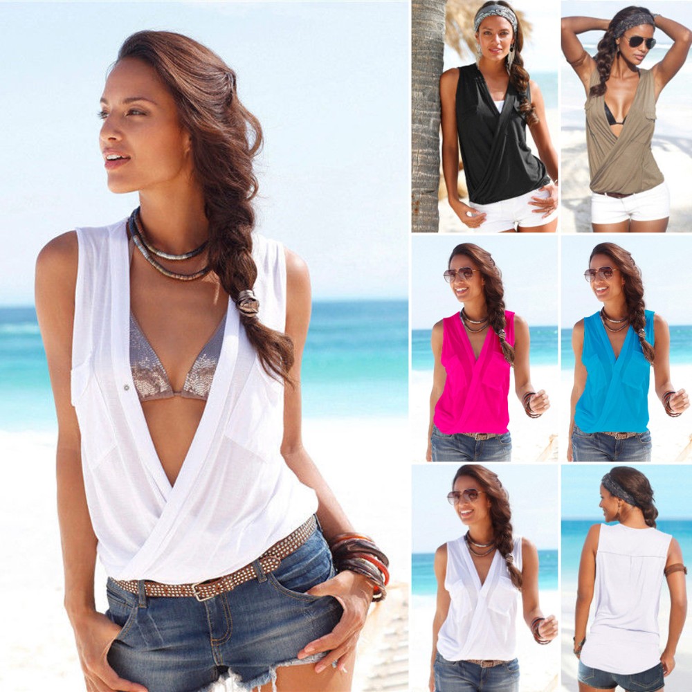 Baju Pantai Wanita Sleeveless V Neck Beach Shirt Size S Baju Pantai Wanita Sleeveless V Neck Beach Shirt Size S