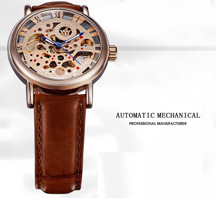 Ouyawei Skeleton Leather Strap Automatic Mechanical Watch 