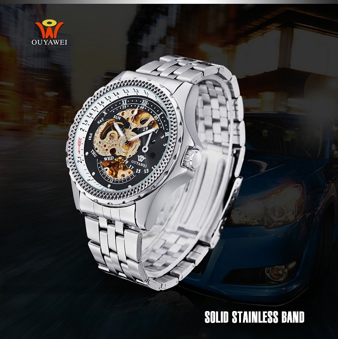Ouyawei Skeleton Stainless Steel Automatic Mechanical 