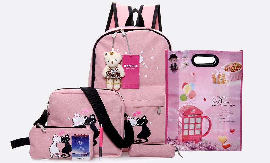 Paket Tas  Ransel Anak 8 in 1 Sekolah  Printing Kucing 