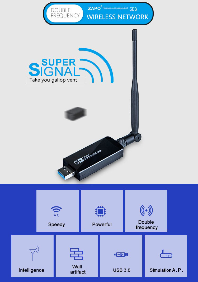 ZAPO W50L-5DB USB Wireless Adapter 802.11AC 1200Mbps
