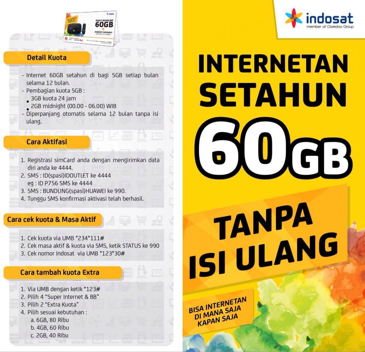 Indosat Internetan 60GB (5GB/Bln) Selama 12 Bulan ...