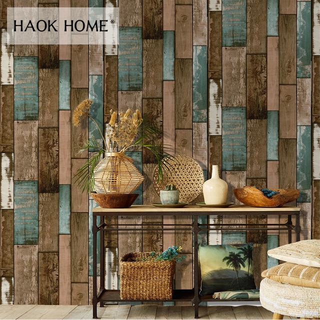 HaokHome Sticker Wallpaper  Dinding  3D Vintage Wood Grain 